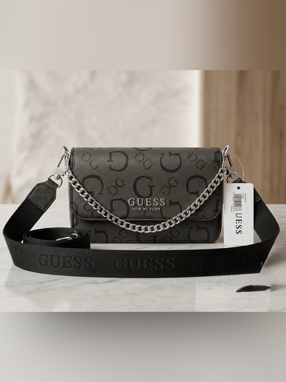 GUESS Black Logo-Embossed Crossbody with Chain and Webbing Strap - NWT